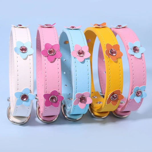 Cute Flowers Adjustable Leather Padded Dog Collar