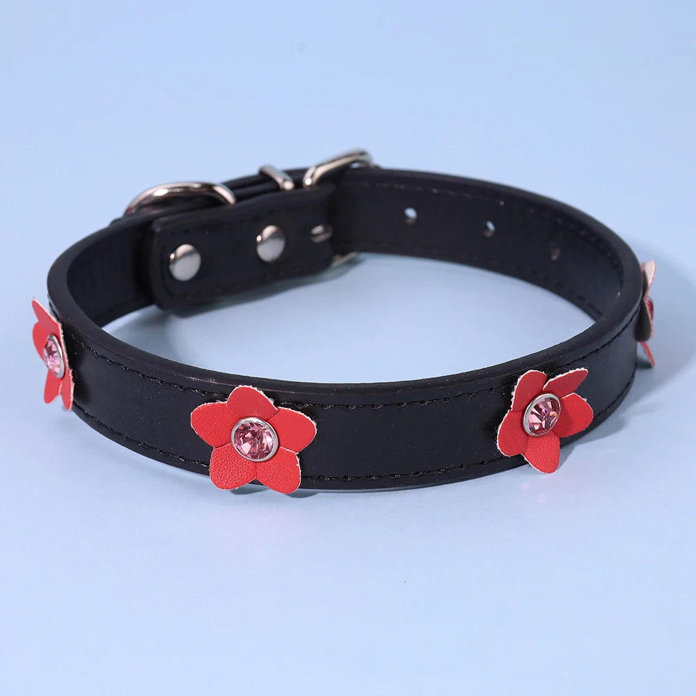Cute Flowers Adjustable Leather Padded Dog Collar