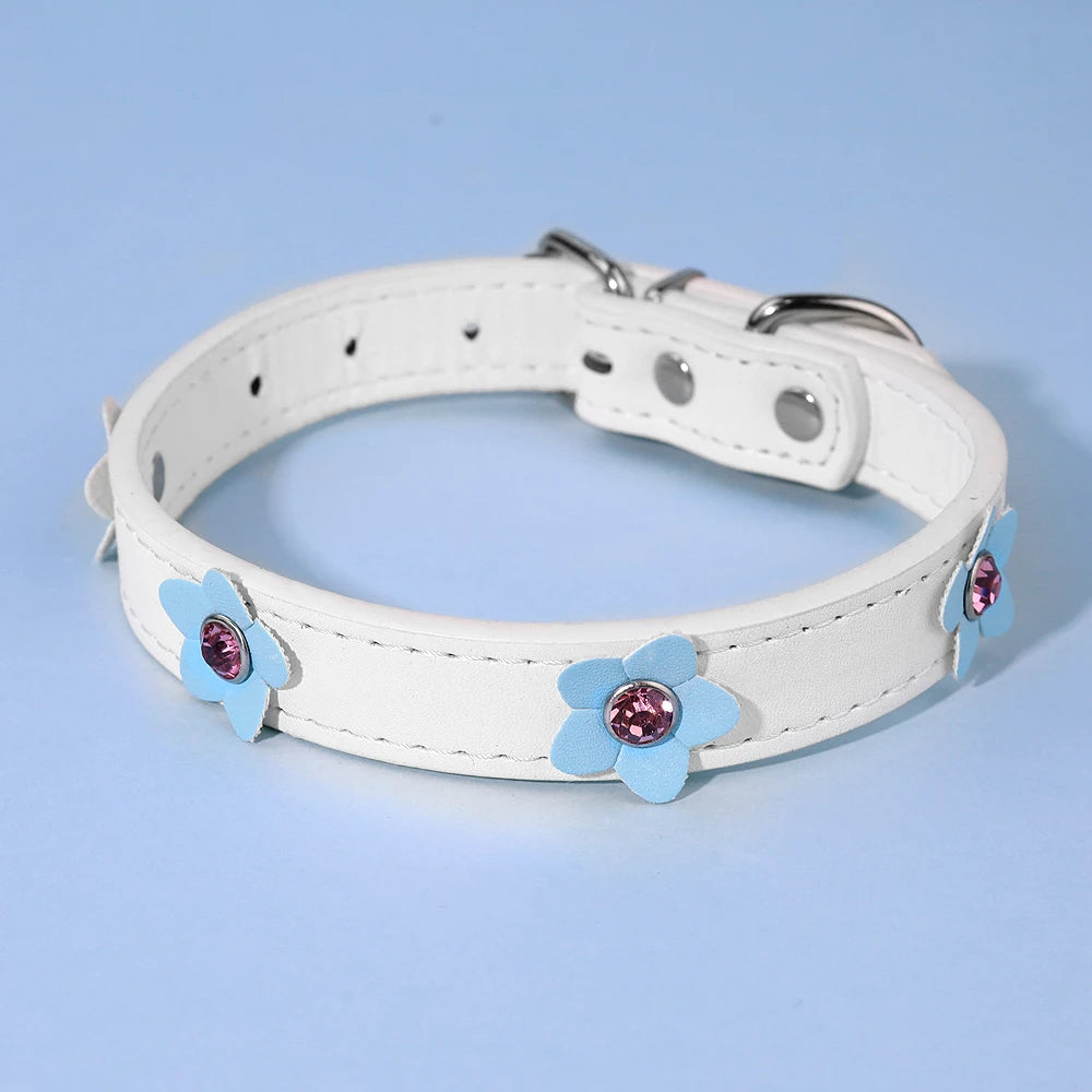 Cute Flowers Adjustable Leather Padded Dog Collar