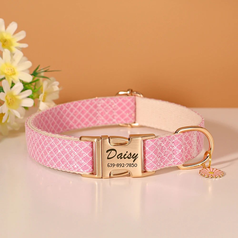Cute Flower Tag Free Engraved Dog Collar