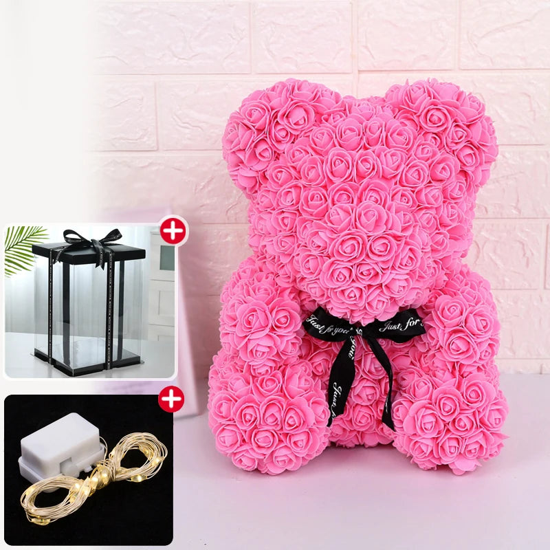 Valentine Gifts Decoration Rose Bear Artificial Flower With Box Lights Teddy Bear
