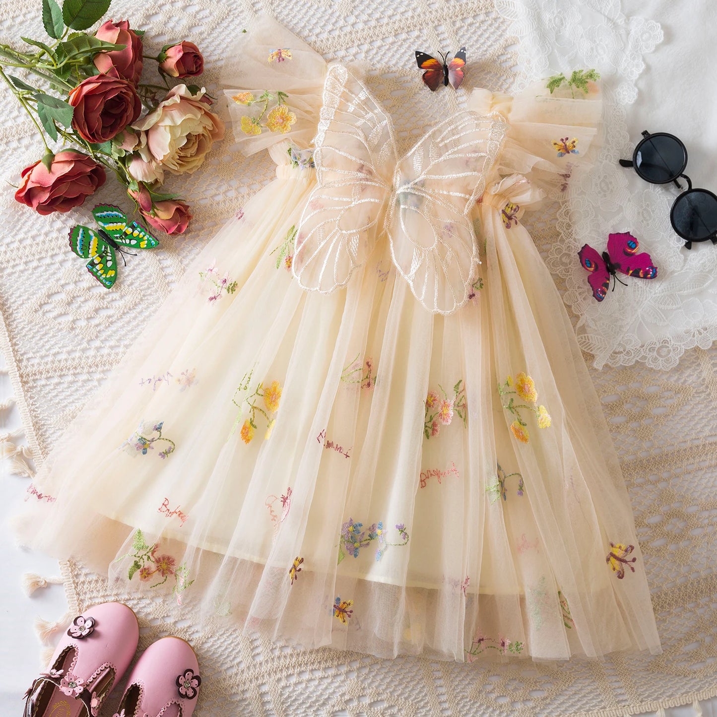 Fairy Strap Embroidered Butterfly Mesh Dress
