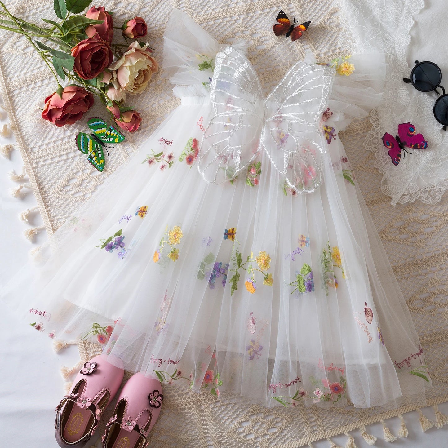 Fairy Strap Embroidered Butterfly Mesh Dress