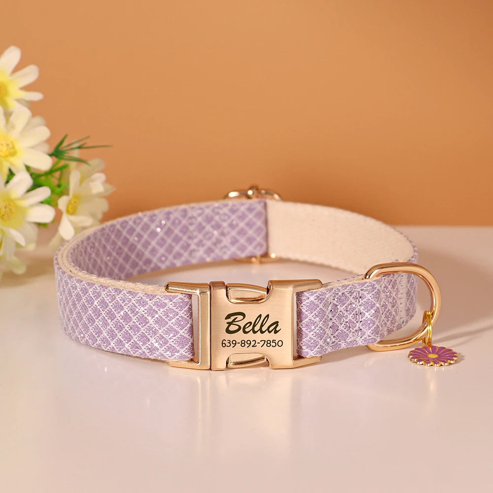 Cute Flower Tag Free Engraved Dog Collar