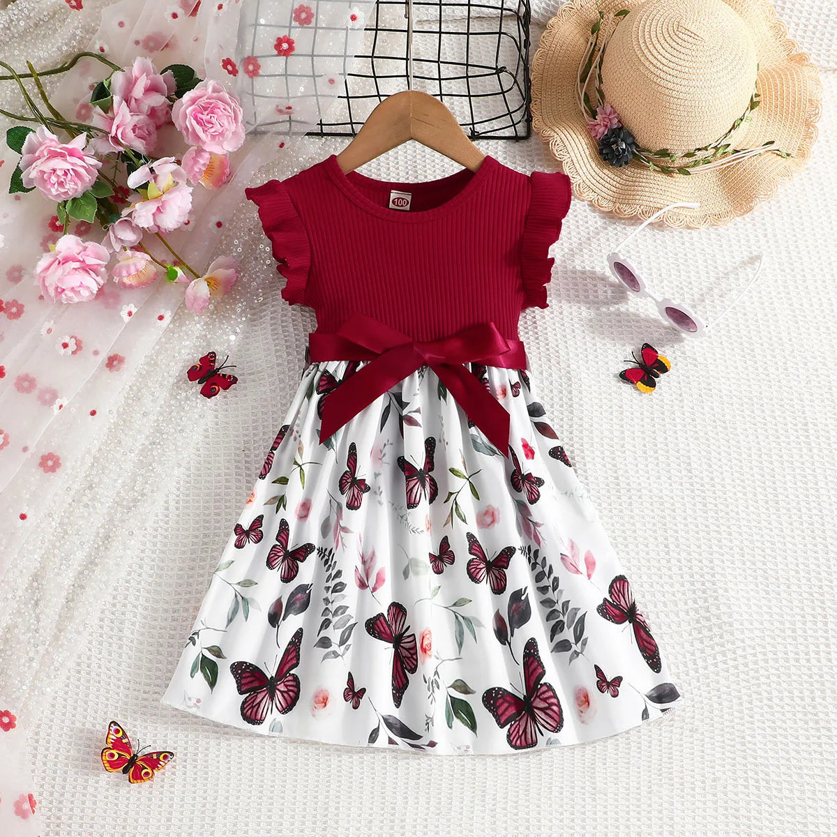 Girls Flying Sleeve Princess Butterfly Print Dress