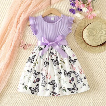 Girls Flying Sleeve Princess Butterfly Print Dress