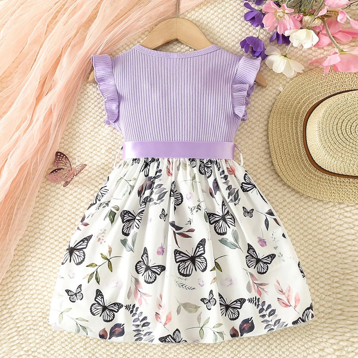 Girls Flying Sleeve Princess Butterfly Print Dress