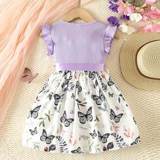 Girls Flying Sleeve Princess Butterfly Print Dress