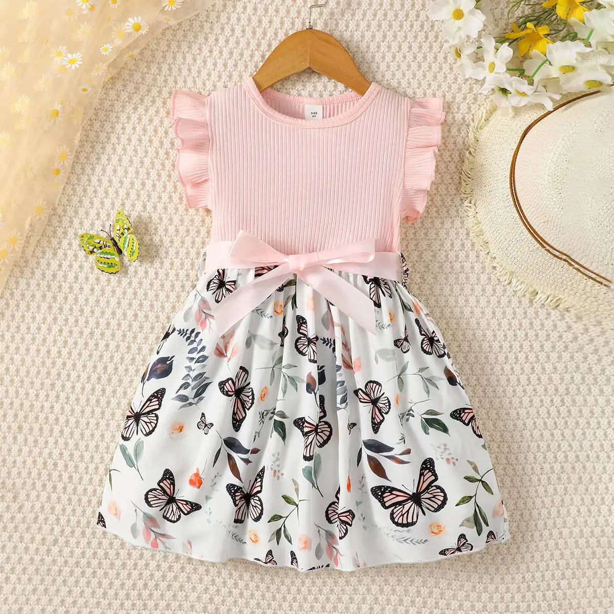 Girls Flying Sleeve Princess Butterfly Print Dress