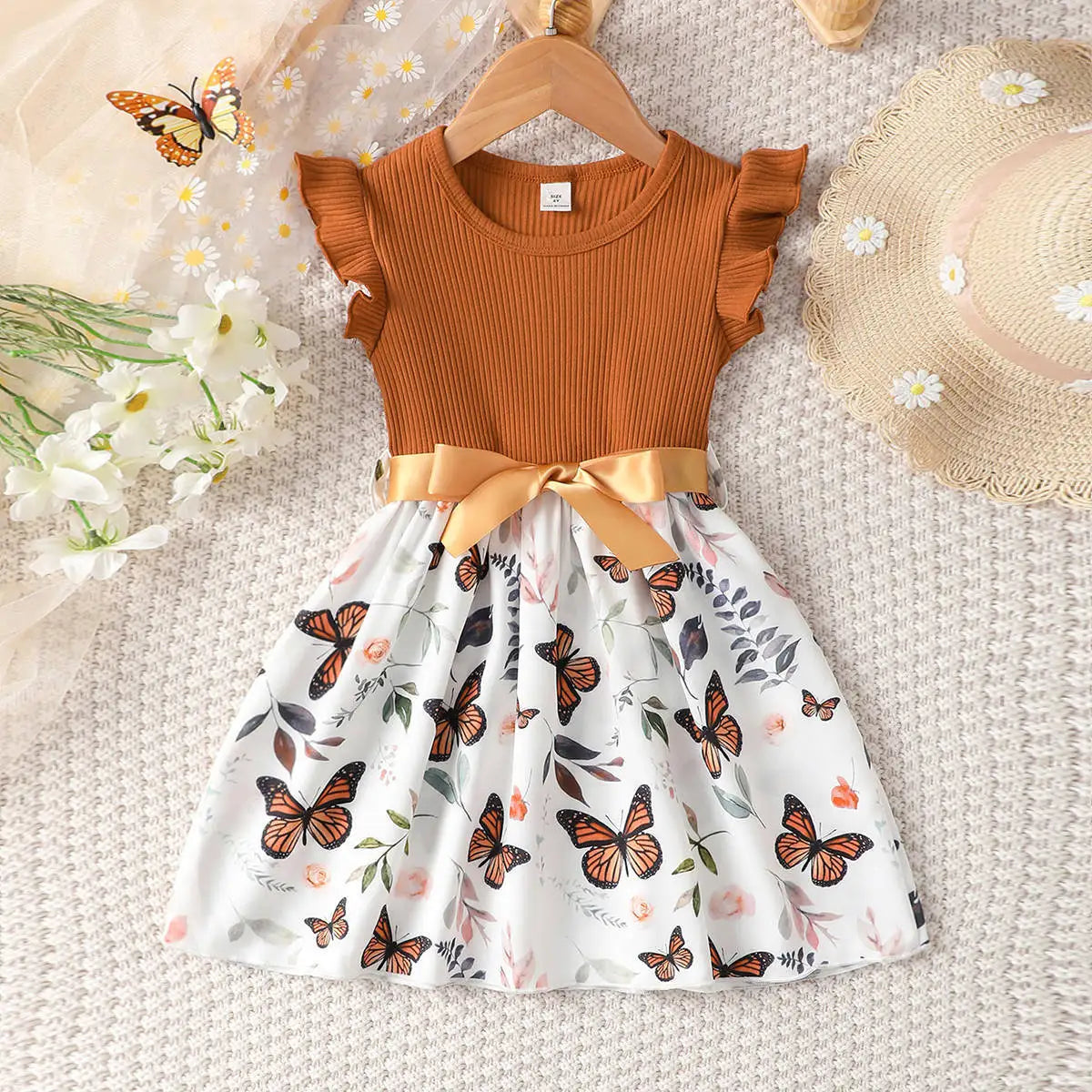 Girls Flying Sleeve Princess Butterfly Print Dress