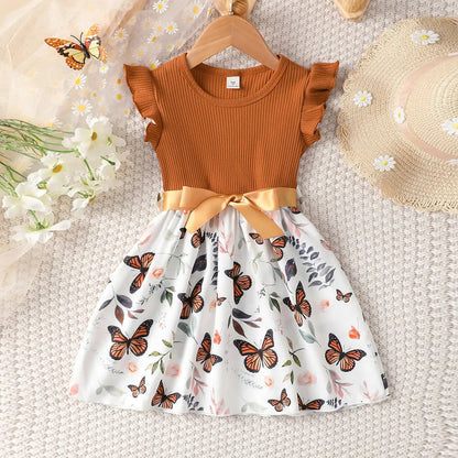 Girls Flying Sleeve Princess Butterfly Print Dress