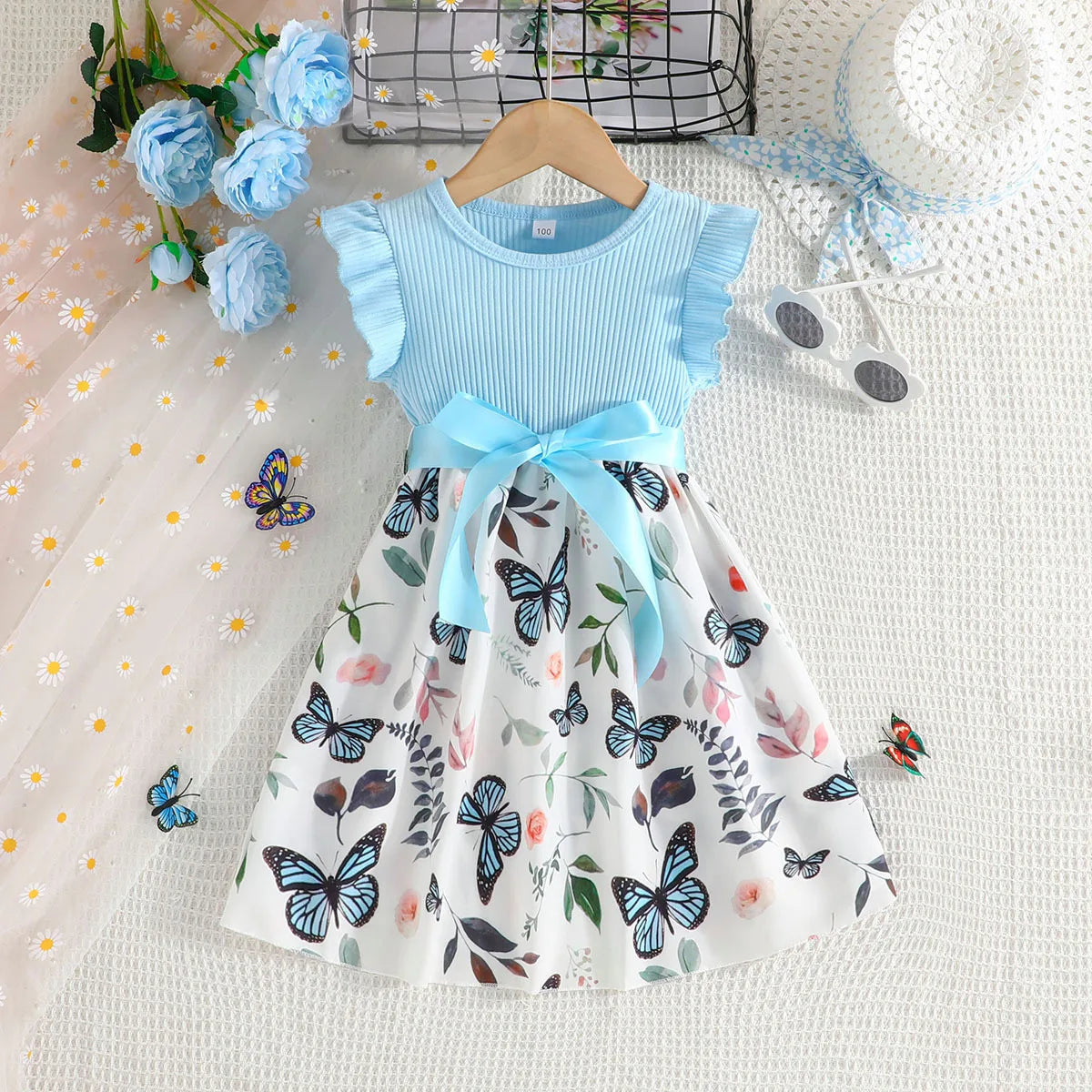 Girls Flying Sleeve Princess Butterfly Print Dress