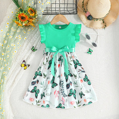 Girls Flying Sleeve Princess Butterfly Print Dress