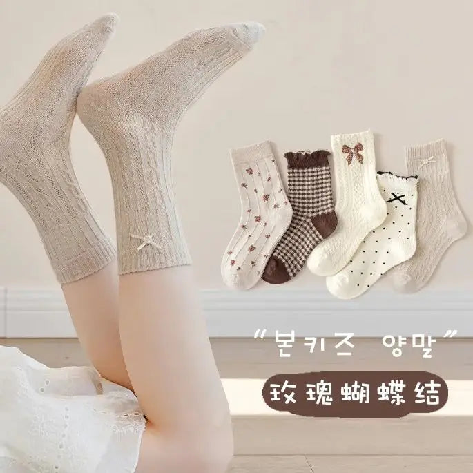 Girls Mid-Calf Cotton Socks 5-Pack