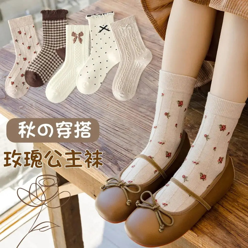 Girls Mid-Calf Cotton Socks 5-Pack