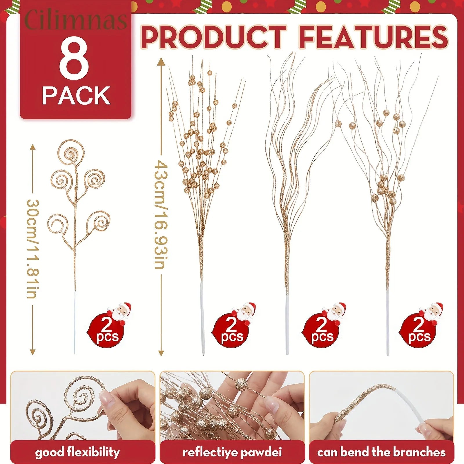 Glitter Christmas Flower Berry Ornaments Set