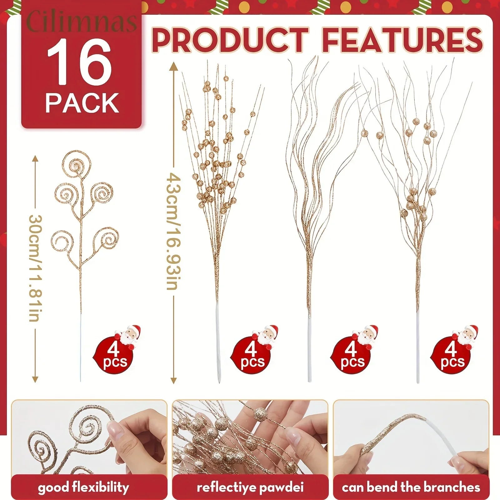 Glitter Christmas Flower Berry Ornaments Set