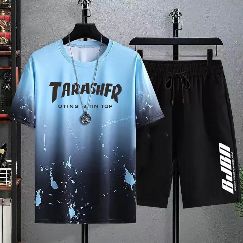 Men Gradient Ice Silk Short Sleeve Shorts Set