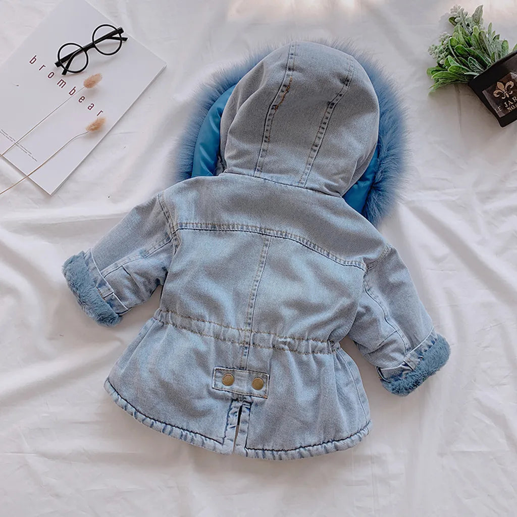 1-6 Years Baby Girl Winter Hooded Denim Jacket with Faux Fur Lining