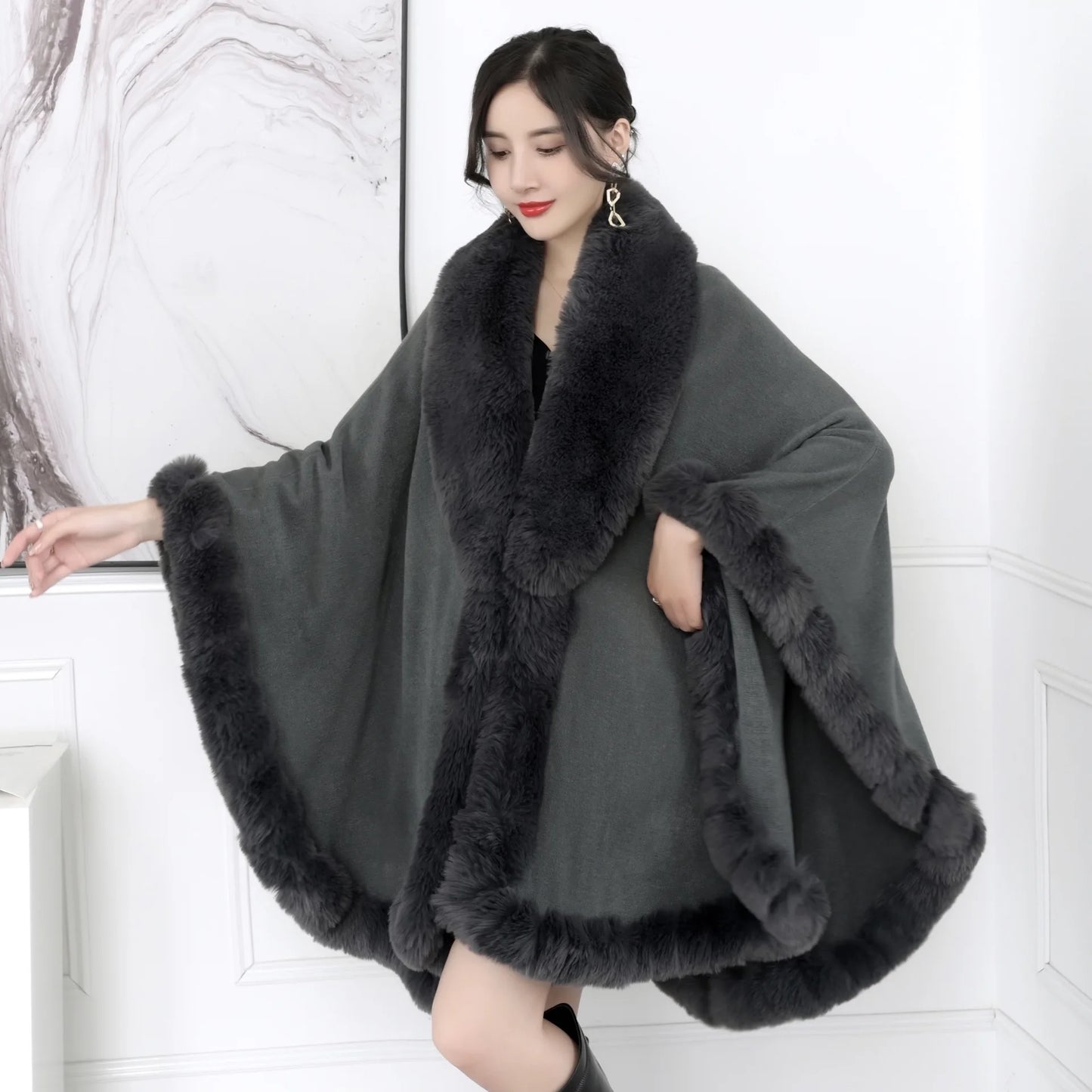 Winter Warm Fur Collar Loose Cardigan Sleeves Capes Shawl