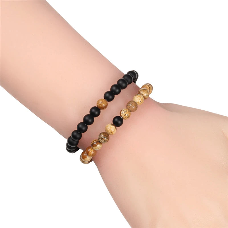 2 bracelets de perles en œil de tigre et pierre de lave noire pour couples