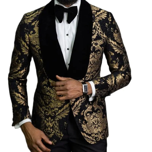 Men's Double Breasted Black Gold Jacquard Wedding Suits