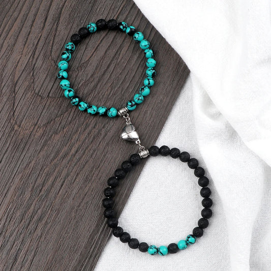 2Pcs Couple Magnetic Heart Bracelet Set – 6MM Natural Malachite & Tiger Eye Stone Beaded Distance Bracelets