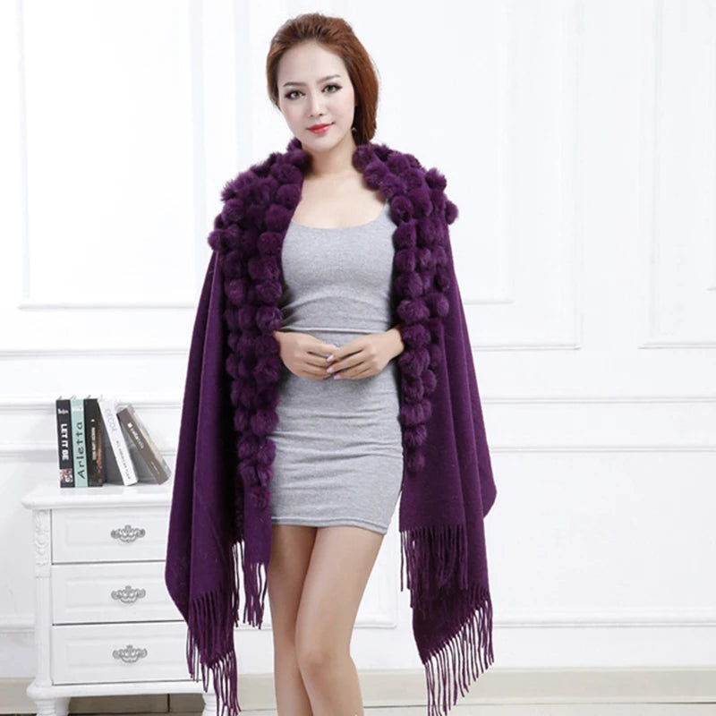 Women's Rabbit Fur Winter Pompom Shawl Scarf