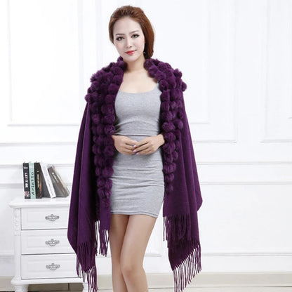 Women's Rabbit Fur Winter Pompom Shawl Scarf