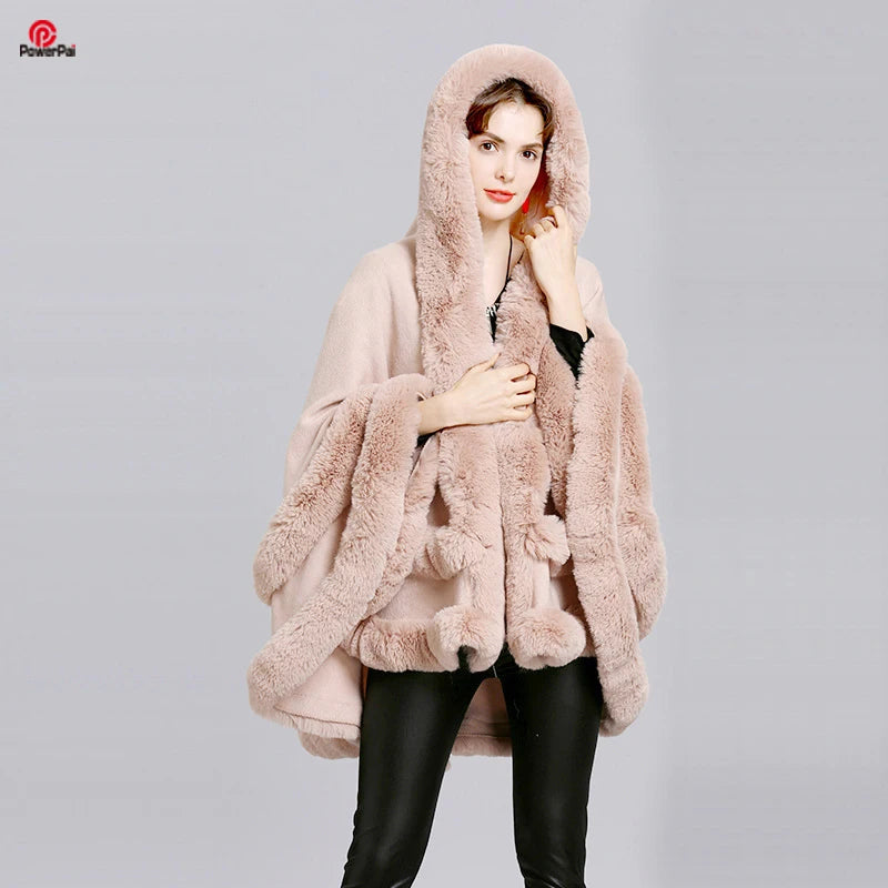 Double Layer Cape Hooded Shawl Faux Fur Wraps Big