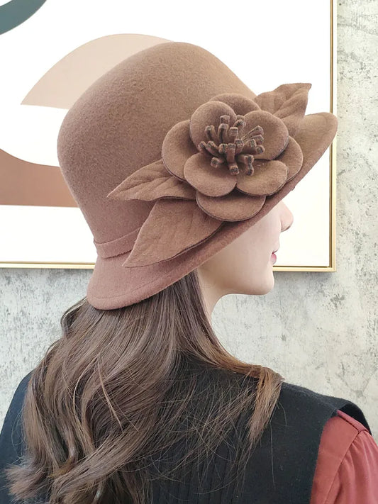 Woolen Warm Dome Flowers Fedora Hat