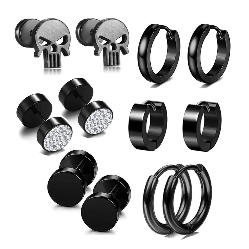 Men's Stainless Steel Skull Black Stud Earring Set