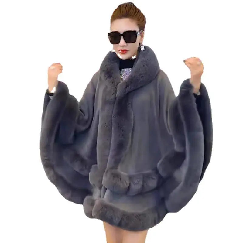 Double Layer Cape Hooded Shawl Faux Fur Wraps Big