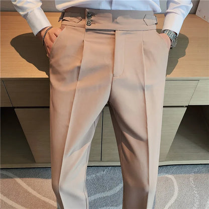 Men's High-Waist Solid Color Business Casual Trousers