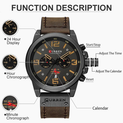 Men's Military Waterproof Sports Watch with Genuine Leather