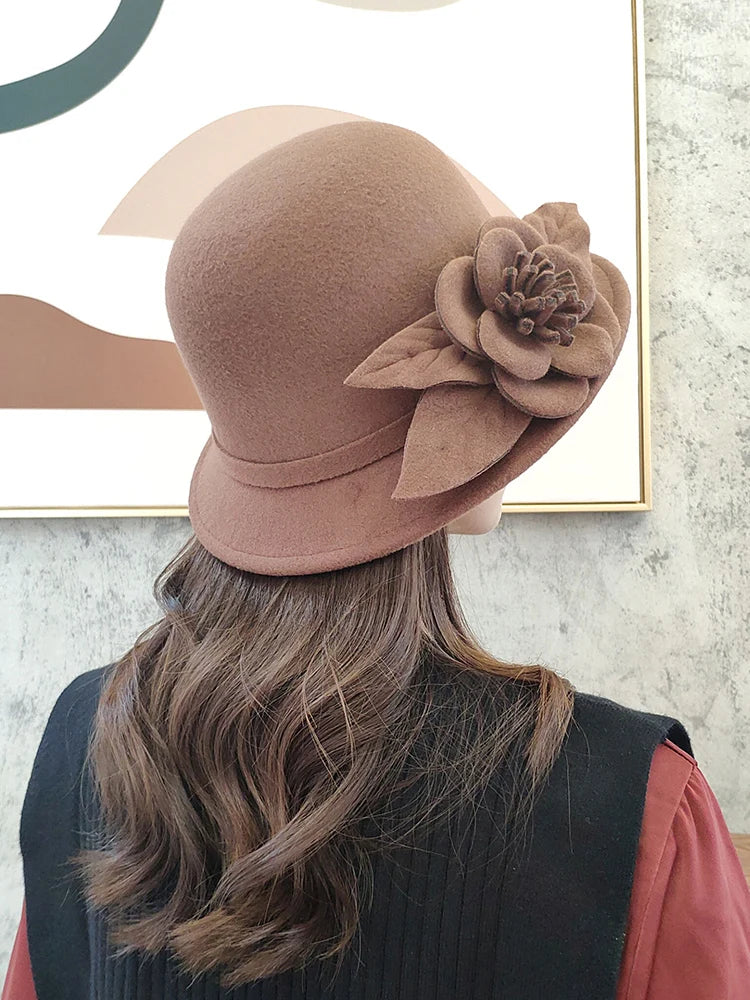 Chapeau Fedora en laine à fleurs en forme de dôme chaud