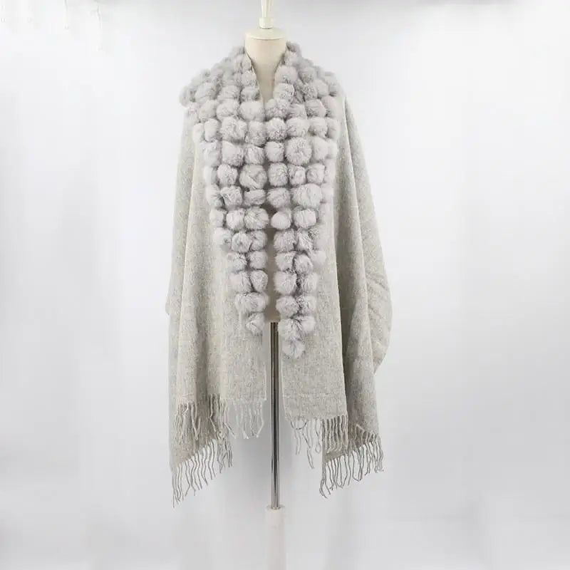 Women's Rabbit Fur Winter Pompom Shawl Scarf