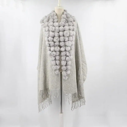 Women's Rabbit Fur Winter Pompom Shawl Scarf