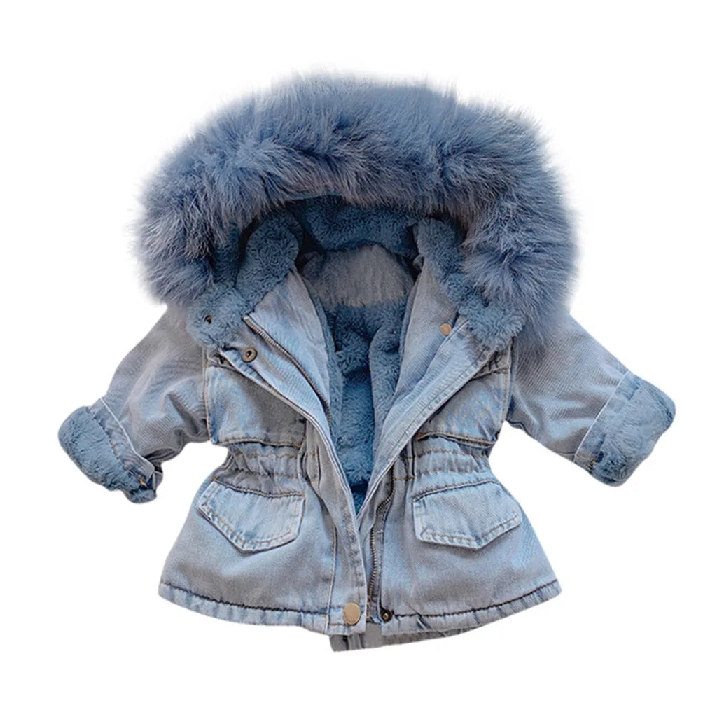 Veste d'hiver en jean à capuche pour bébé fille de 1 à 6 ans avec doublure en fausse fourrure