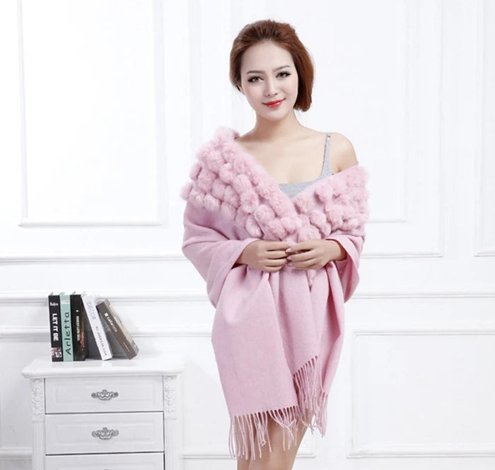 Women's Rabbit Fur Winter Pompom Shawl Scarf