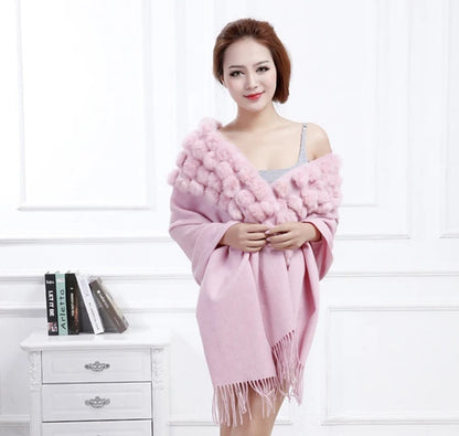 Women's Rabbit Fur Winter Pompom Shawl Scarf
