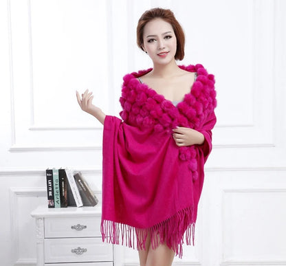 Women's Rabbit Fur Winter Pompom Shawl Scarf