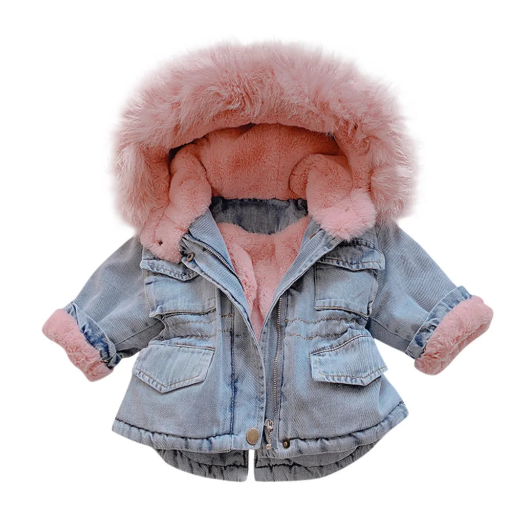 1-6 Years Baby Girl Winter Hooded Denim Jacket with Faux Fur Lining