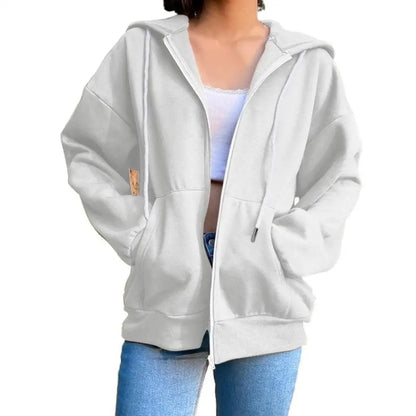 Solid Color Autumn Fleece Hoodie with Pockets and Zipper