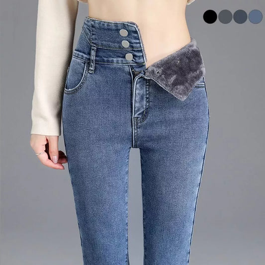 Damen-Stretch-Jeans mit Knöpfen, dick und warm, lässig