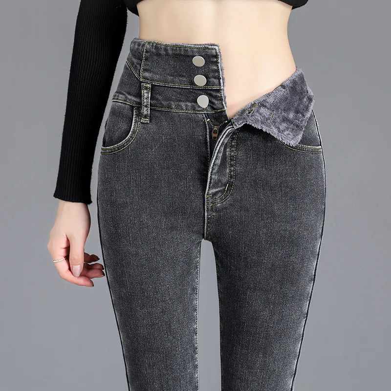 Damen-Stretch-Jeans mit Knöpfen, dick und warm, lässig