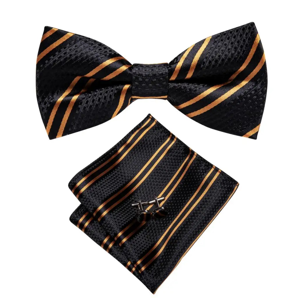 Jacquard Silk Black and Gold Striped Bowtie Set