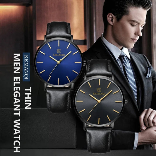 Montre en or pour hommes, Ultra fine, en cuir, à Quartz