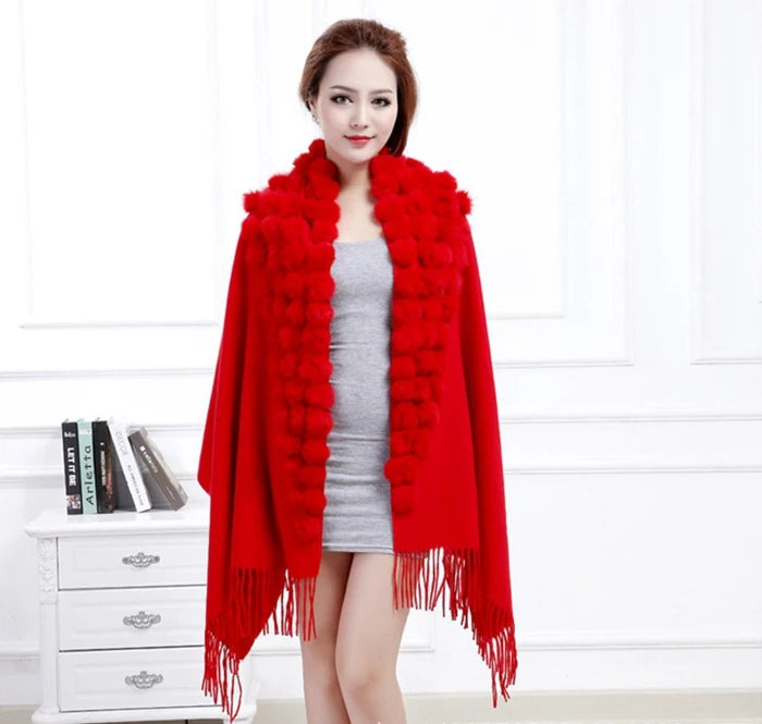 Women's Rabbit Fur Winter Pompom Shawl Scarf