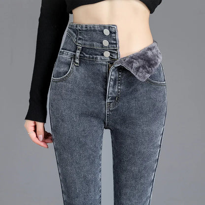 Damen-Stretch-Jeans mit Knöpfen, dick und warm, lässig